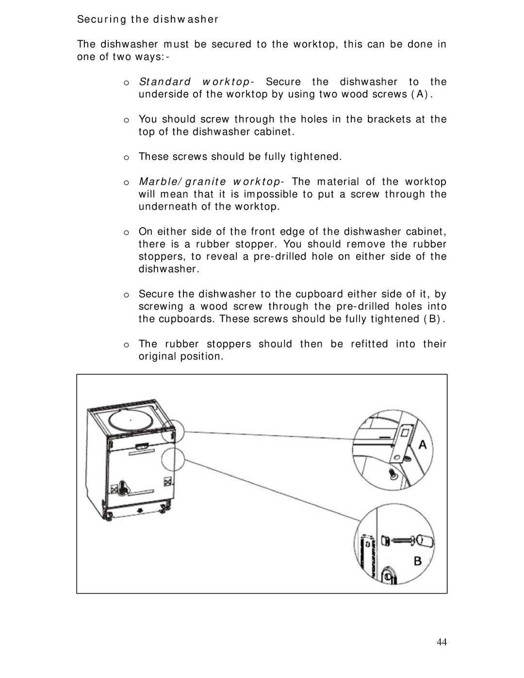 Baumatic BDWI660 manual Securing the dishwasher 