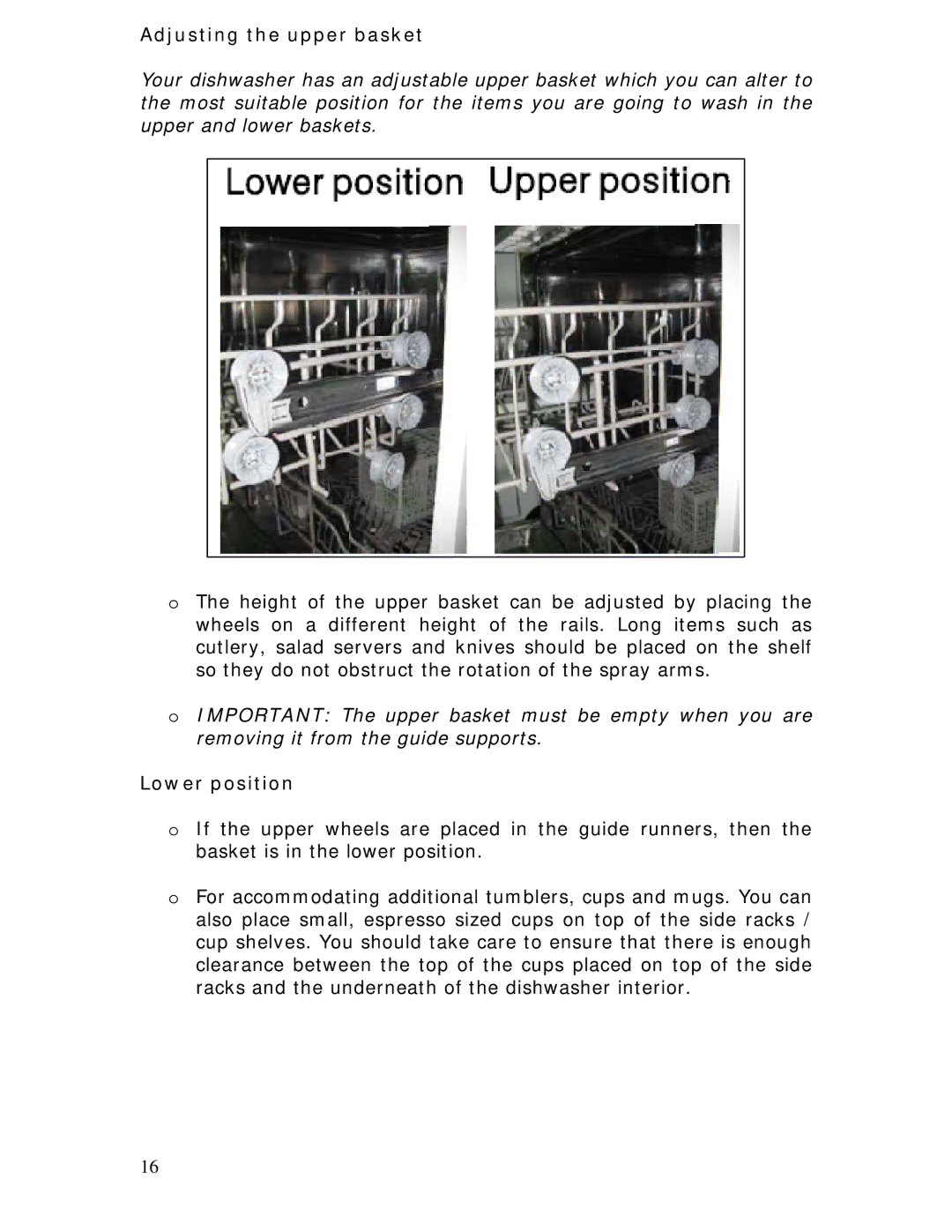 Baumatic BDWS60SS manual Adjusting the upper basket, Lower position 