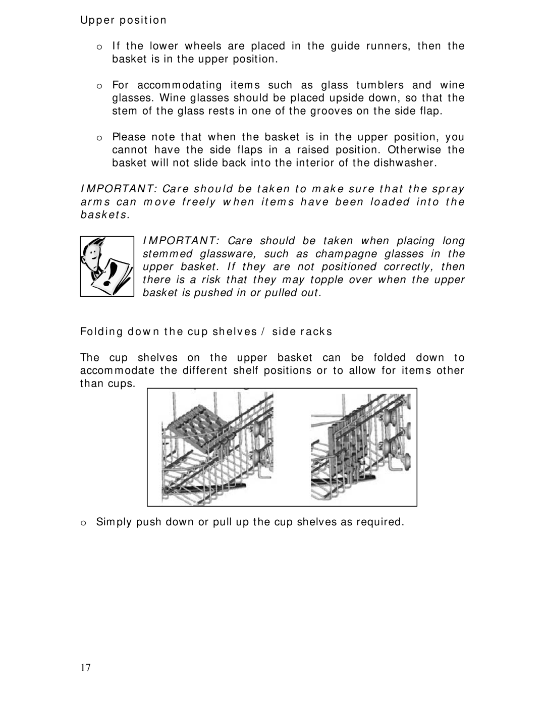 Baumatic BDWS60SS manual Upper position, Folding down the cup shelves / side racks 