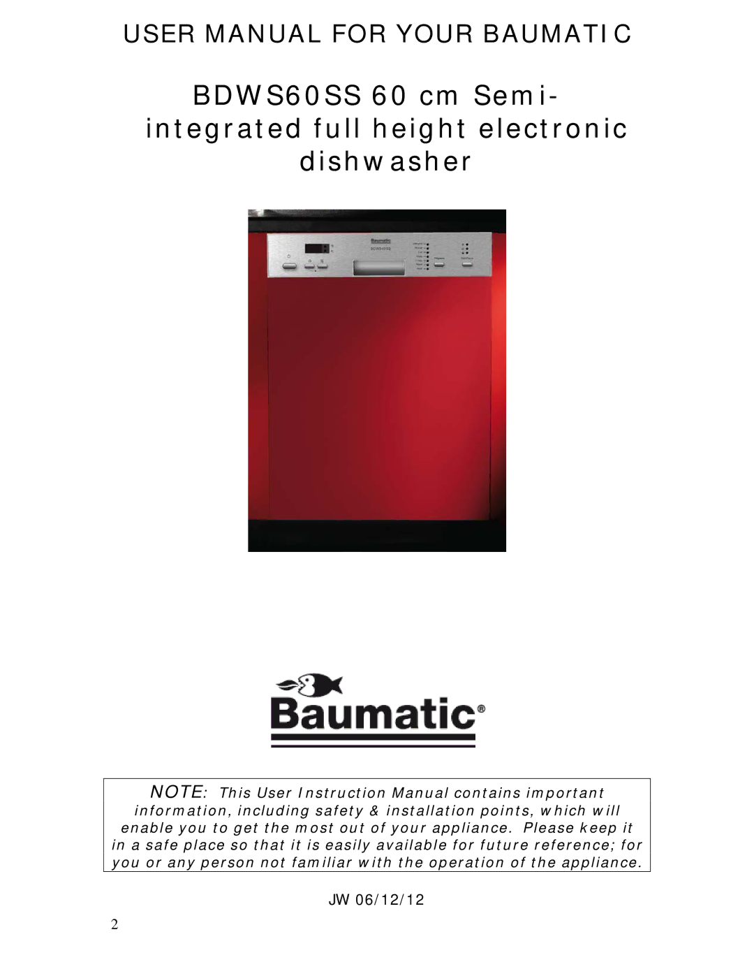 Baumatic BDWS60SS manual JW 06/12/12 