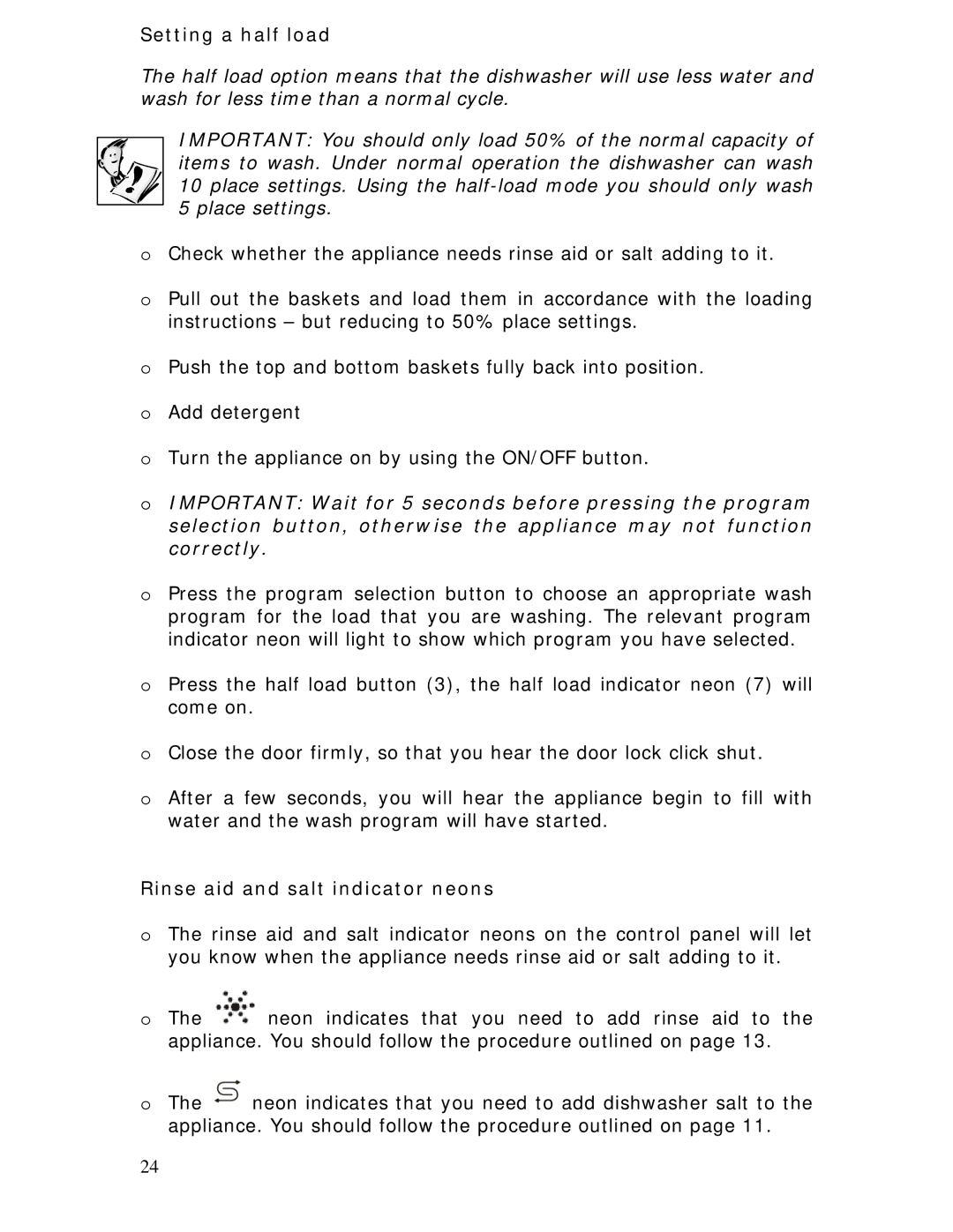 Baumatic BDWS60SS manual Setting a half load, Rinse aid and salt indicator neons 