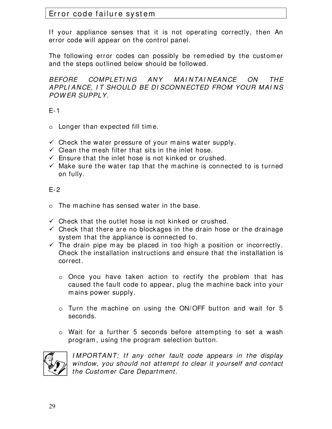 Baumatic BDWS60SS manual Error code failure system 