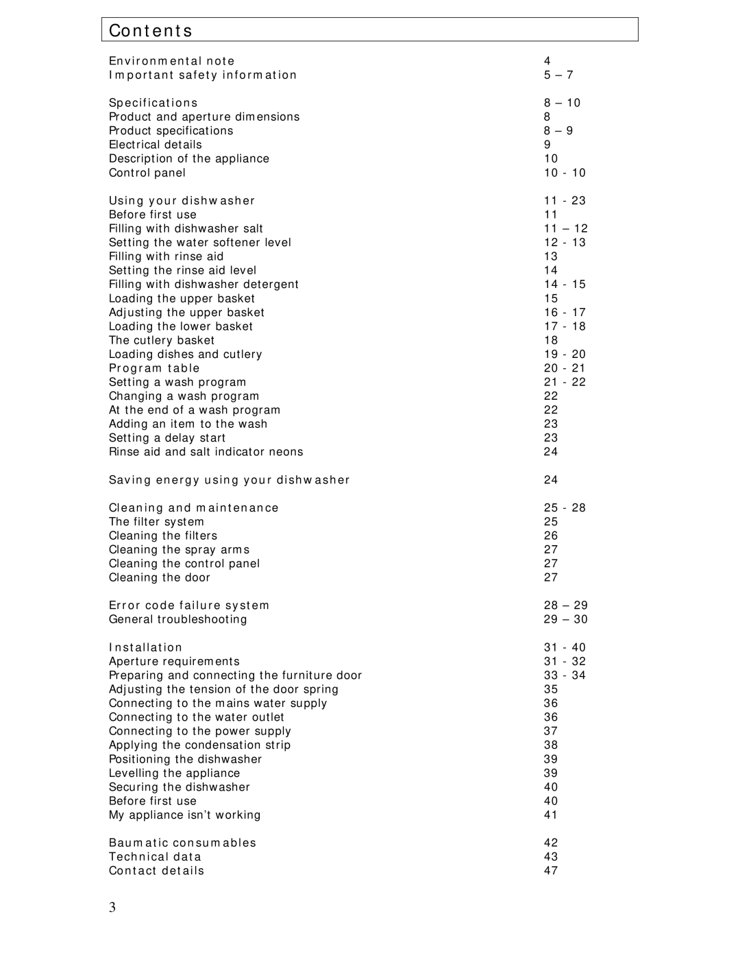 Baumatic BDWS60SS manual Contents 