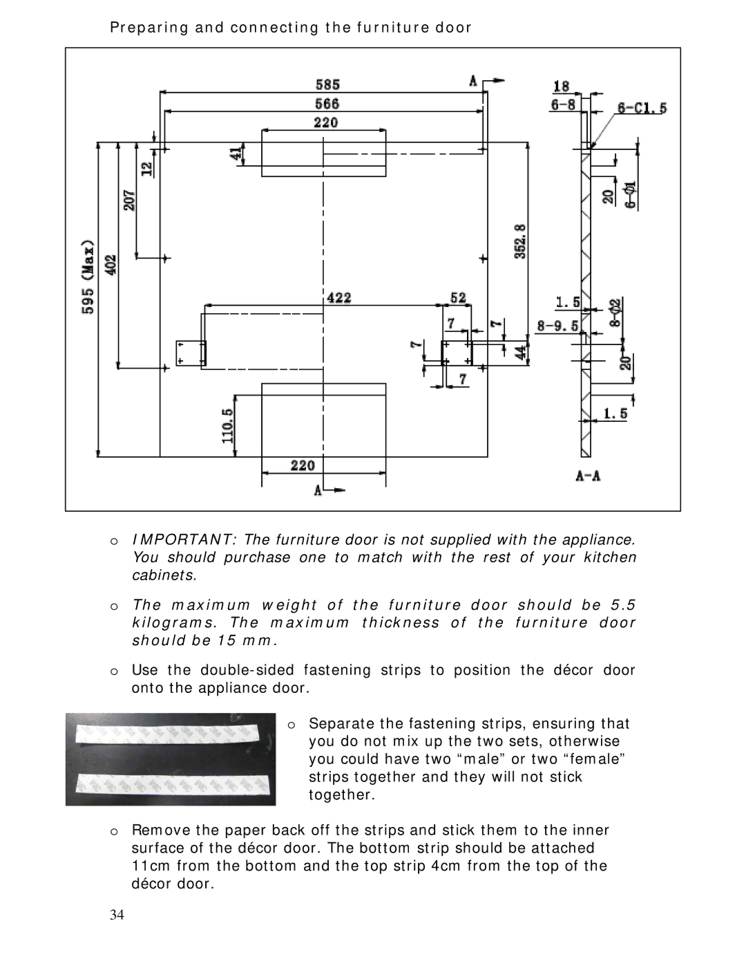 Baumatic BDWS60SS manual Preparing and connecting the furniture door 