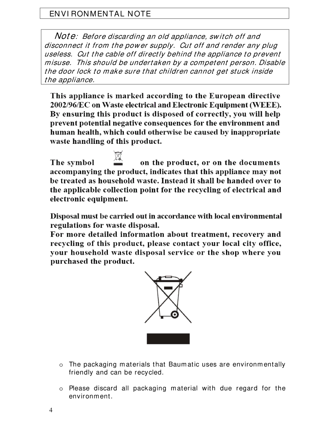 Baumatic BDWS60SS manual Environmental Note 