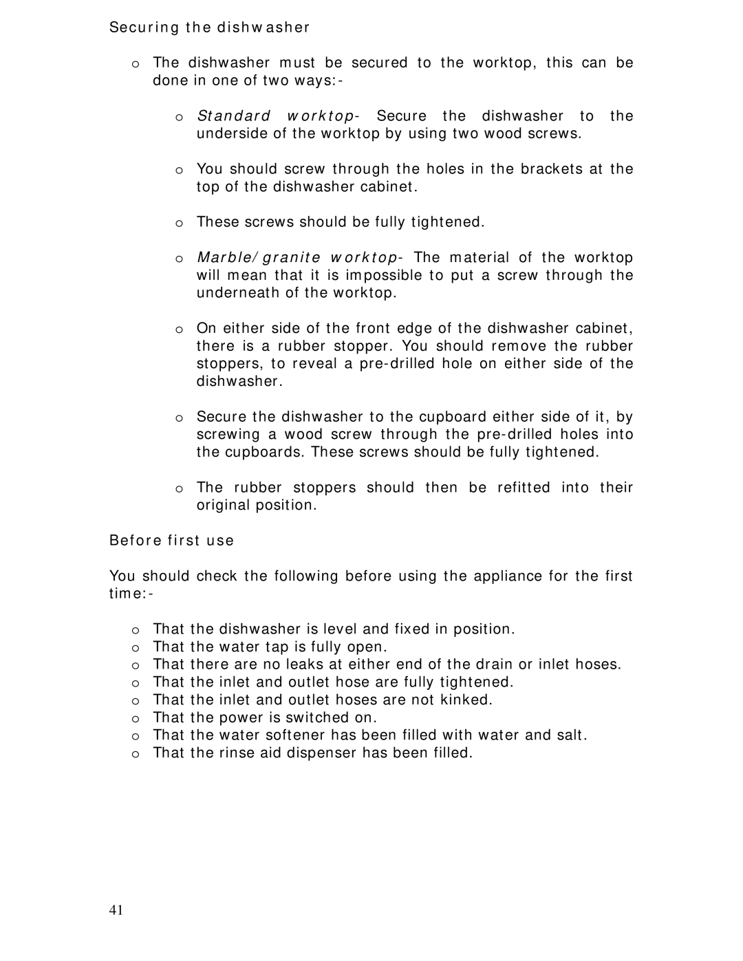 Baumatic BDWS60SS manual Securing the dishwasher, Before first use 