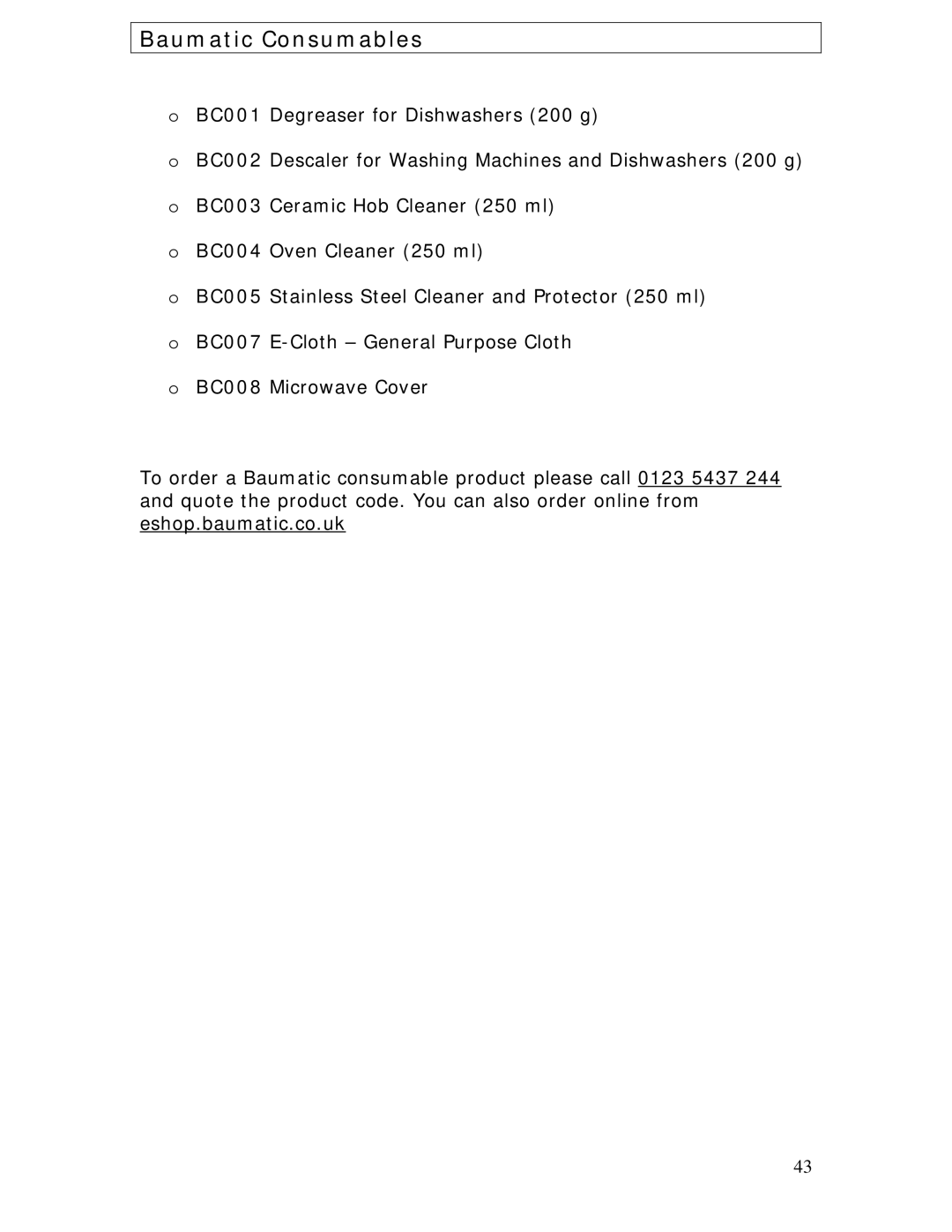 Baumatic BDWS60SS manual Baumatic Consumables 