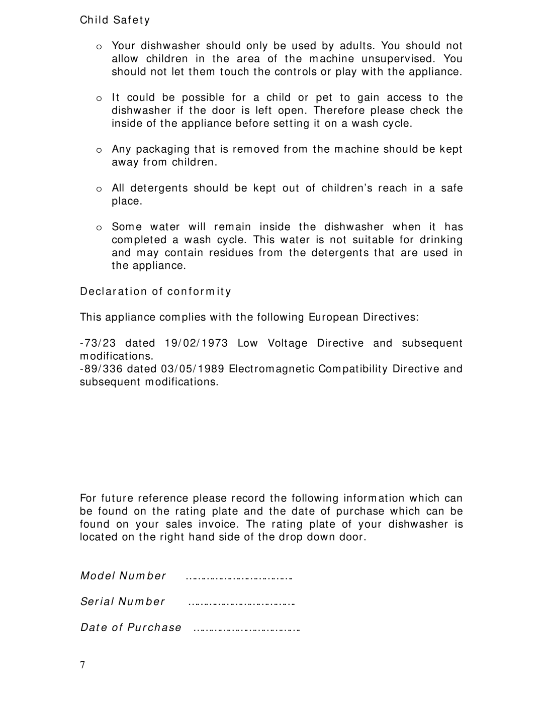 Baumatic BDWS60SS manual Child Safety, Declaration of conformity 