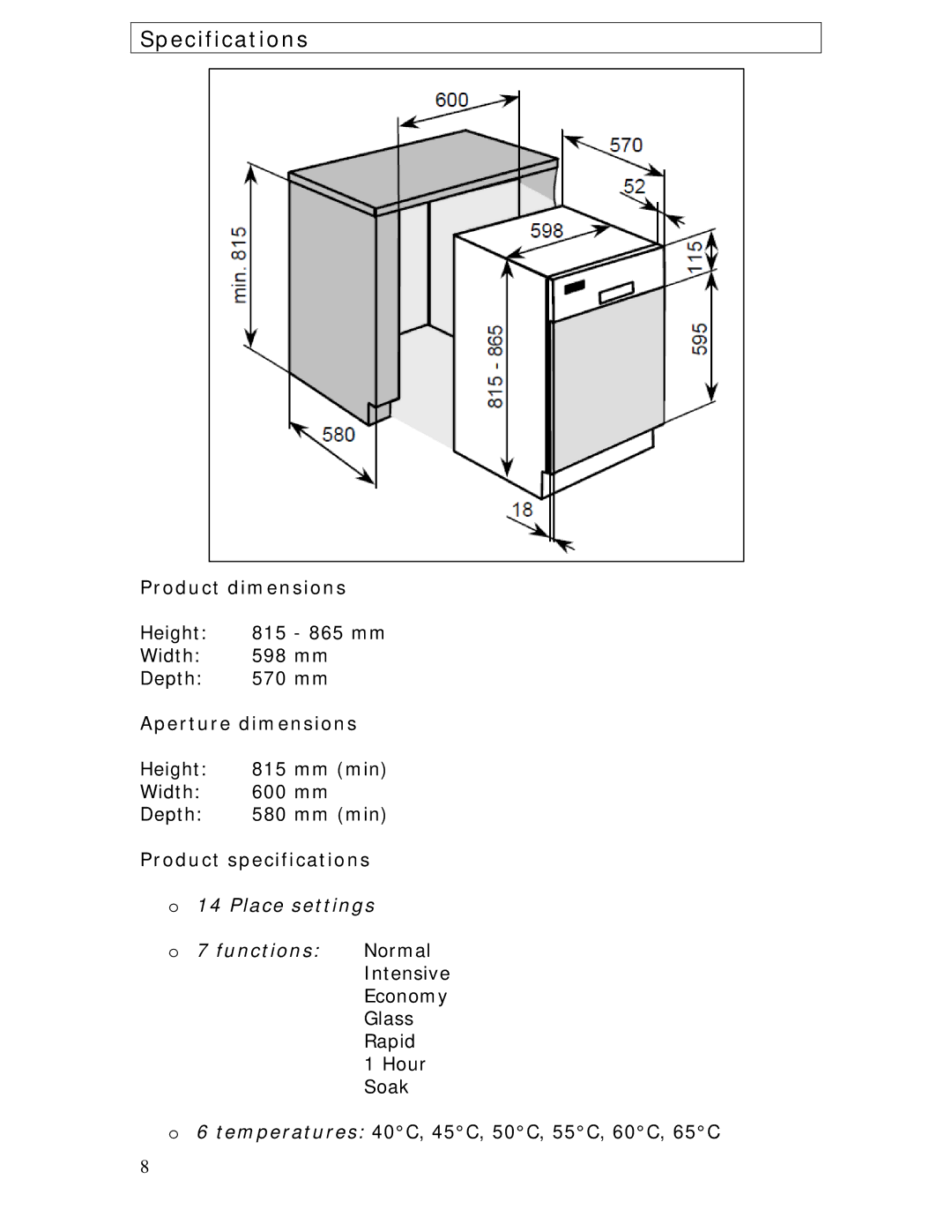 Baumatic BDWS60SS manual Specifications, Product dimensions, Aperture dimensions, Product specifications 