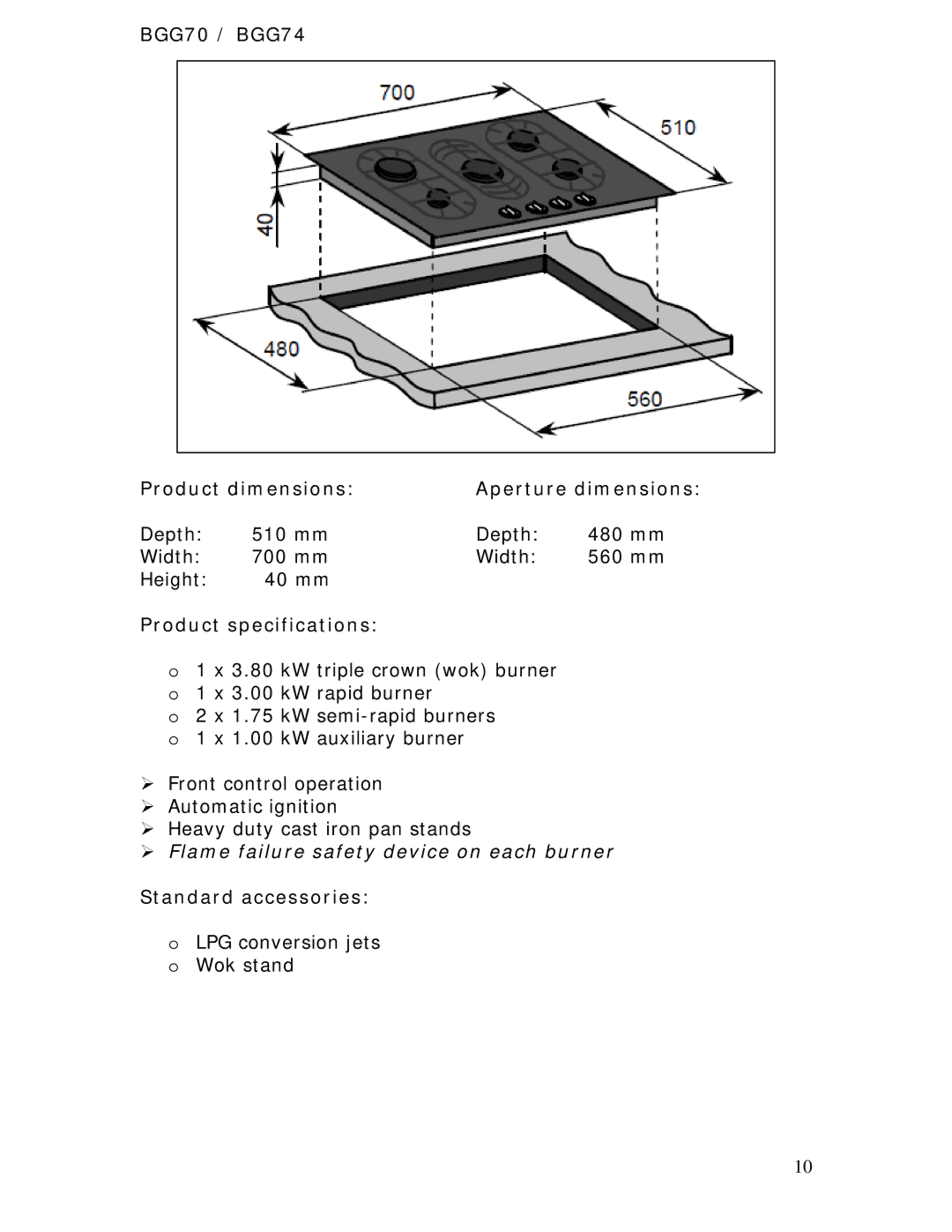 Baumatic BGG64W manual BGG70 / BGG74 Product dimensions Aperture dimensions, Product specifications 