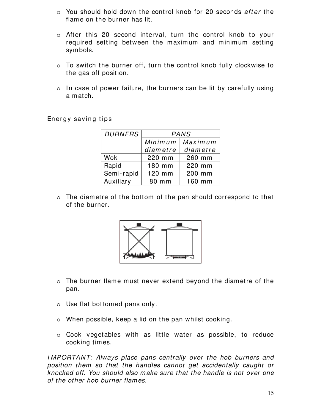 Baumatic BGG64W manual Energy saving tips, Minimum Maximum Diametre 