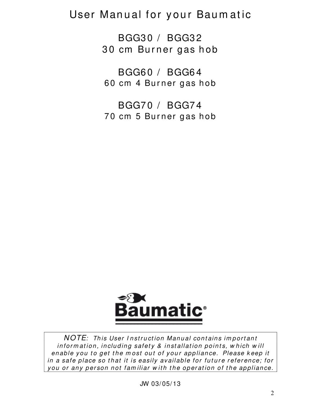 Baumatic BGG64W manual BGG30 / BGG32 Cm Burner gas hob BGG60 / BGG64 