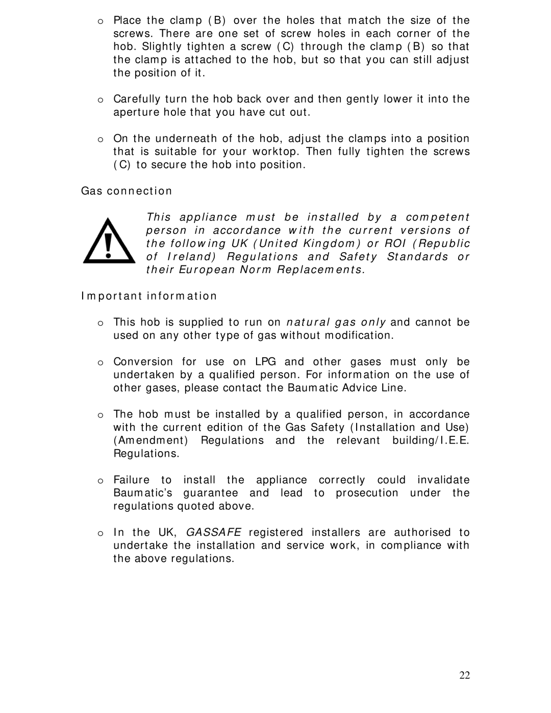 Baumatic BGG64W manual Gas connection, Important information 