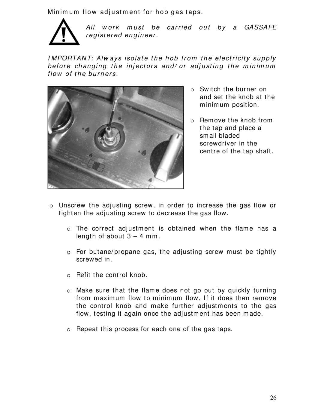 Baumatic BGG64W manual Minimum flow adjustment for hob gas taps 