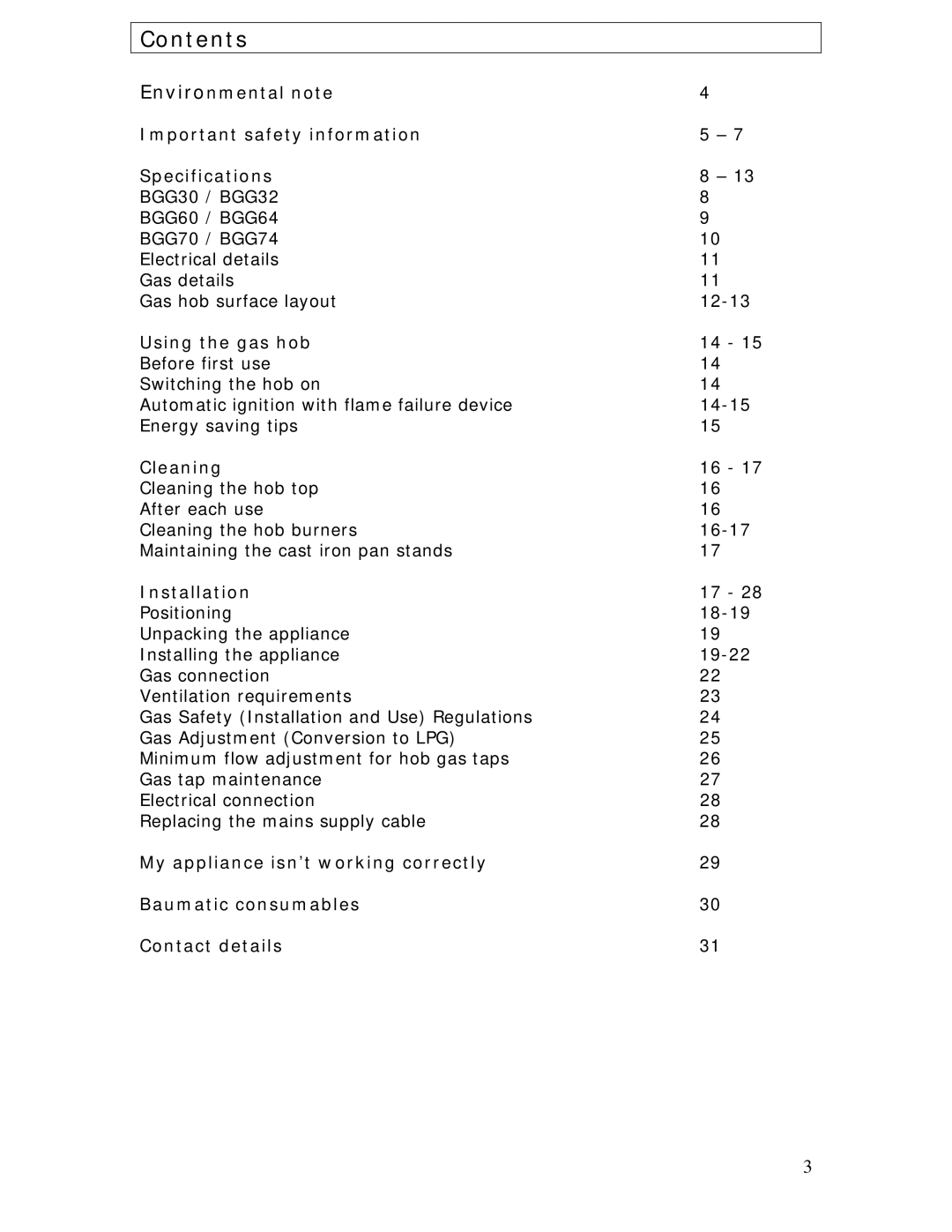 Baumatic BGG64W manual Contents 