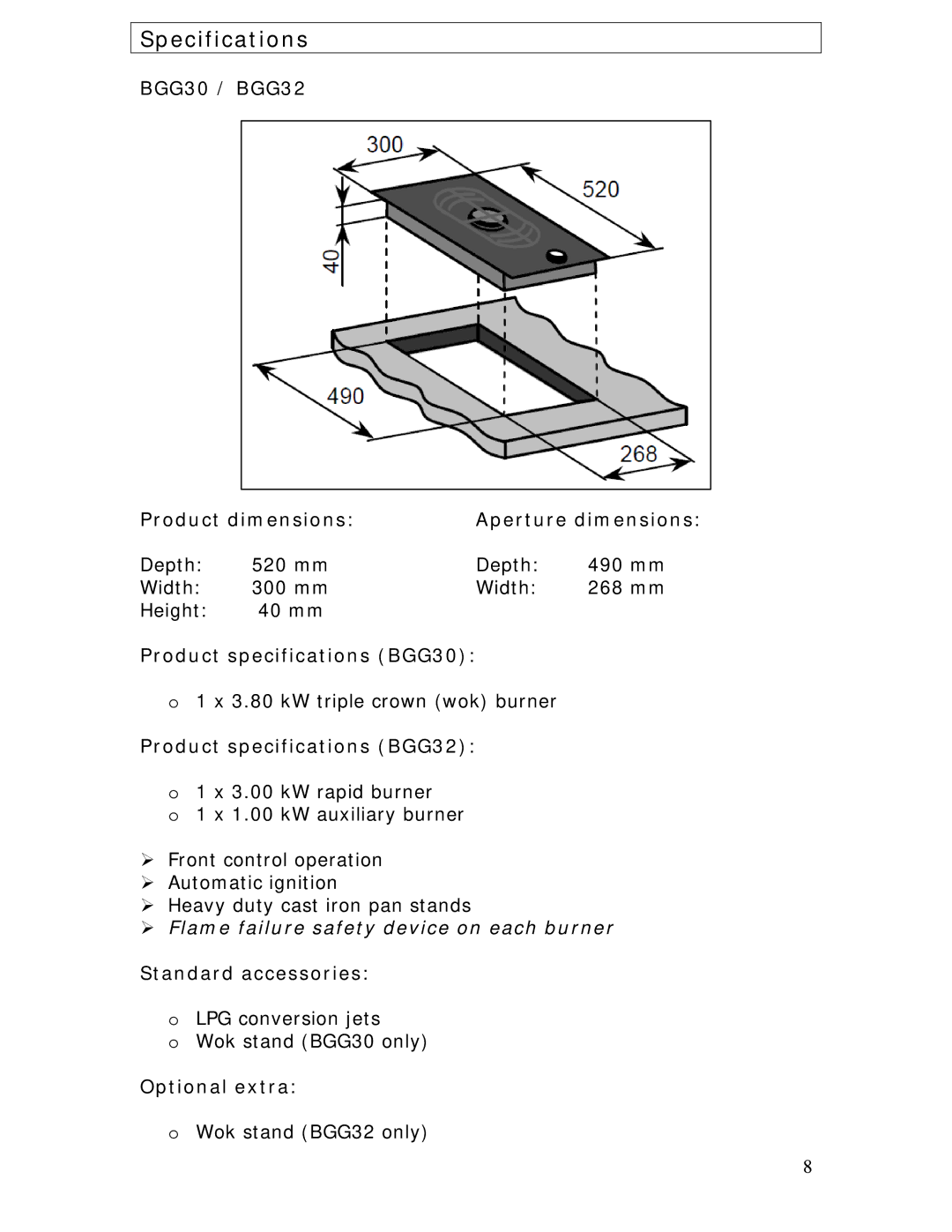 Baumatic BGG64W manual Specifications,  Flame failure safety device on each burner 