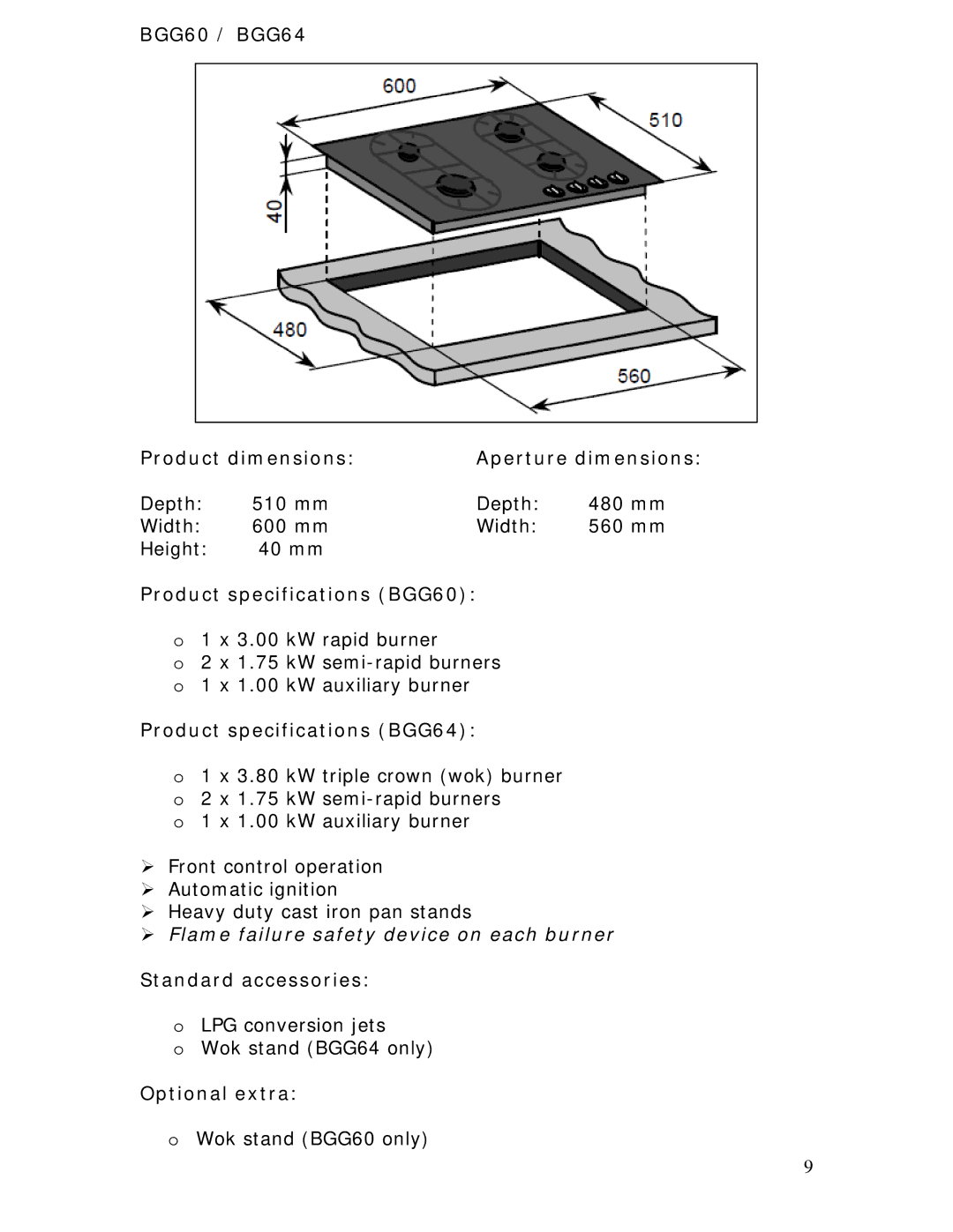 Baumatic BGG64W manual BGG60 / BGG64 Product dimensions Aperture dimensions, Product specifications BGG60 