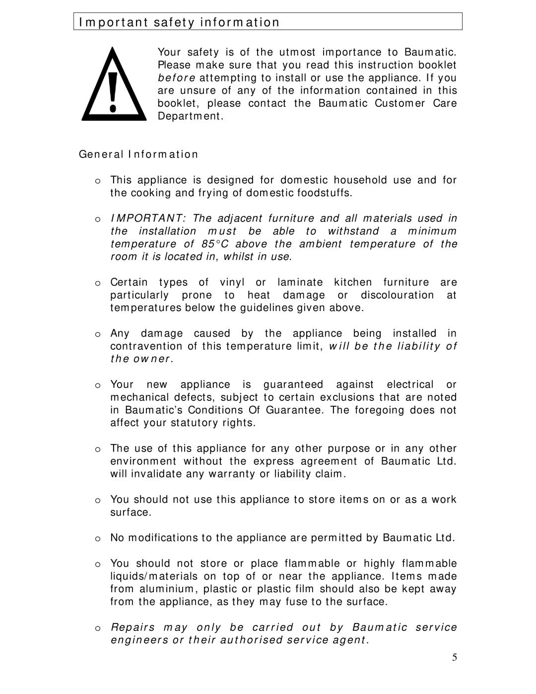 Baumatic BHC605 manual Important safety information, General Information 