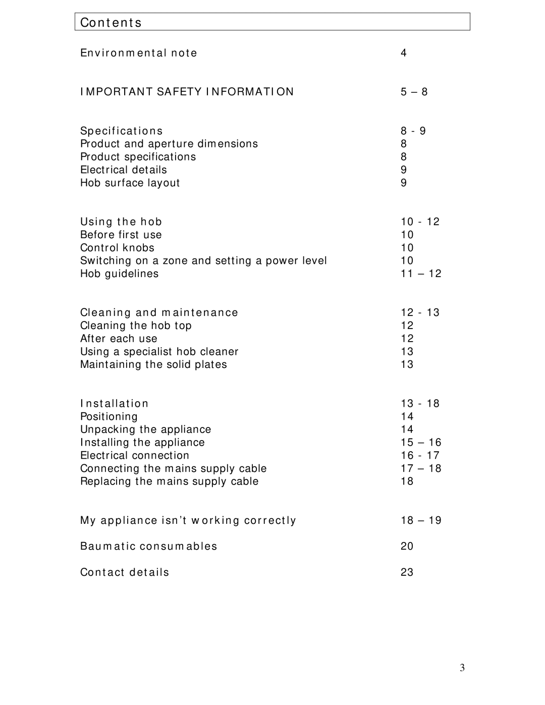 Baumatic BHS320.5SS manual Contents 