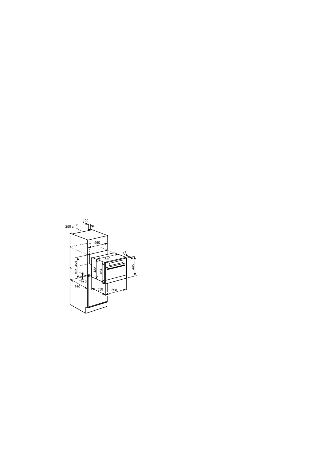 Baumatic BMC455TS manual 100 250 cm2 Min 560 540 432 454 445 558 598 