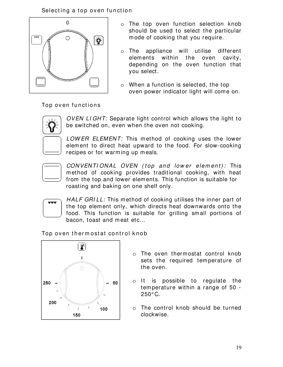 Baumatic BOD890BL manual Selecting a top oven function, Top oven functions, Top oven thermostat control knob 