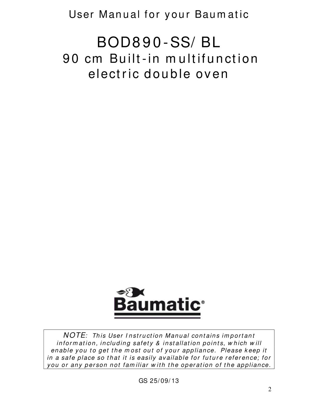 Baumatic BOD890BL manual BOD890-SS/BL 