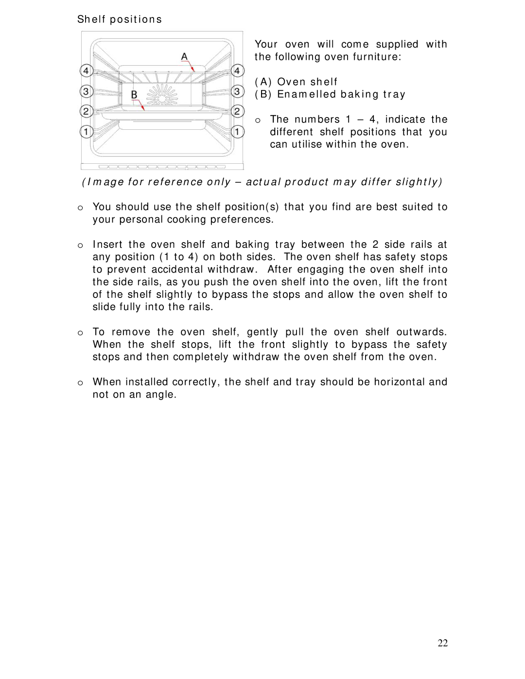 Baumatic BOD890BL manual Shelf positions, Oven shelf Enamelled baking tray 