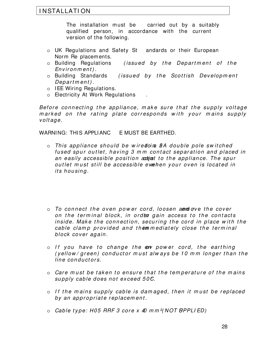 Baumatic BOD890BL manual Installation, IEE Wiring Regulations Electricity At Work Regulations 