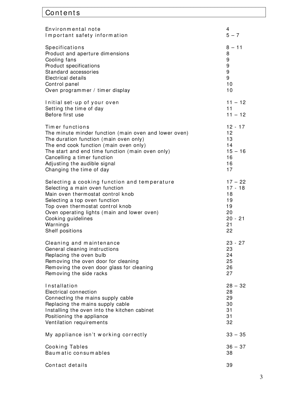 Baumatic BOD890BL manual Contents 