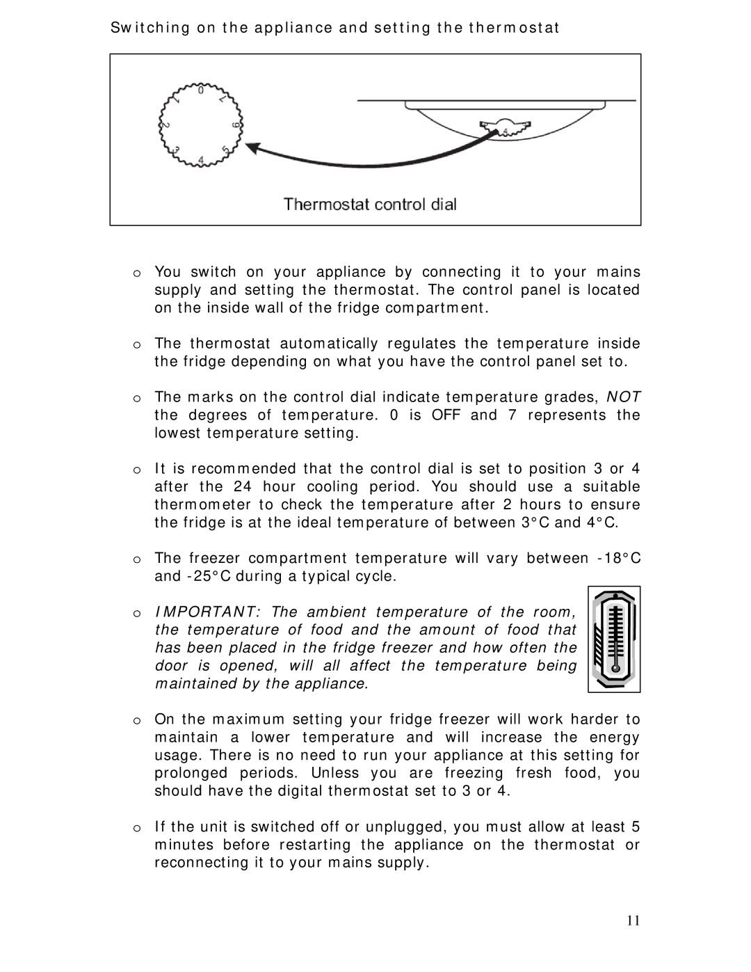 Baumatic BRCF1855SL manual Switching on the appliance and setting the thermostat 