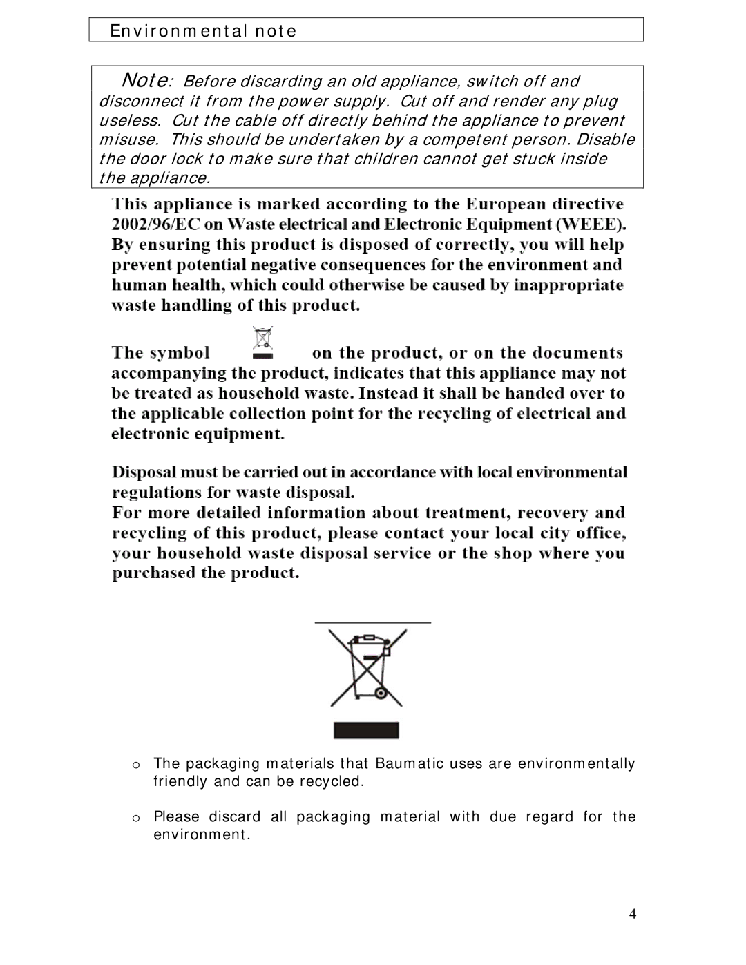 Baumatic BRCF1855SL manual Environmental note 