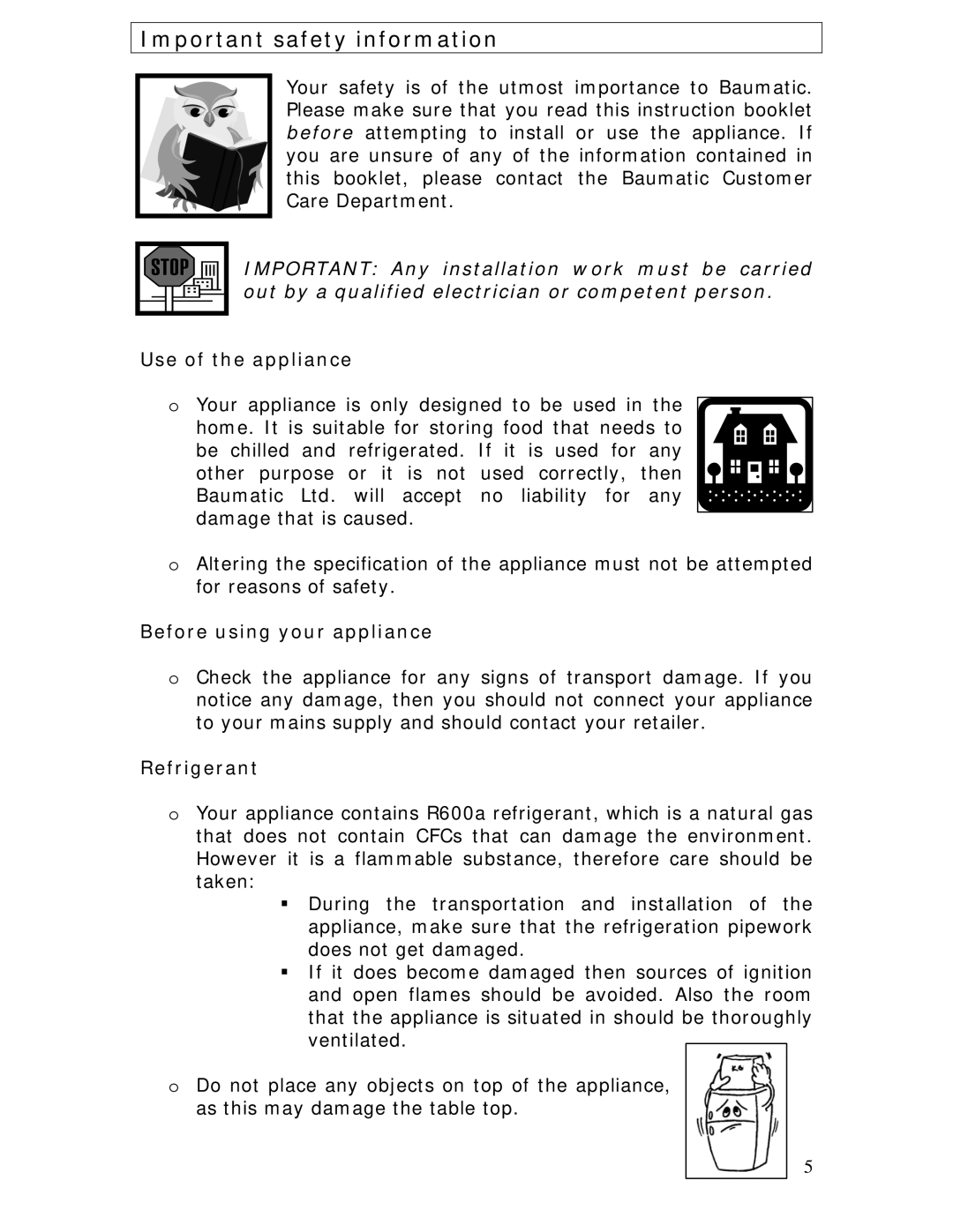 Baumatic BRCF1855SL manual Important safety information, Use of the appliance, Before using your appliance, Refrigerant 