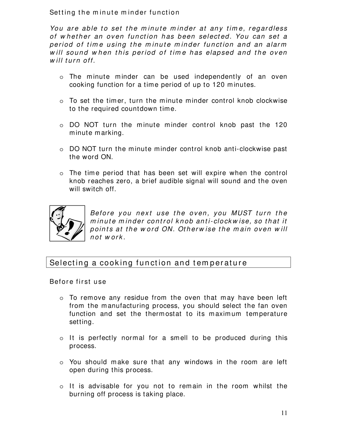 Baumatic BSO612BL manual Selecting a cooking function and temperature, Setting the minute minder function, Before first use 