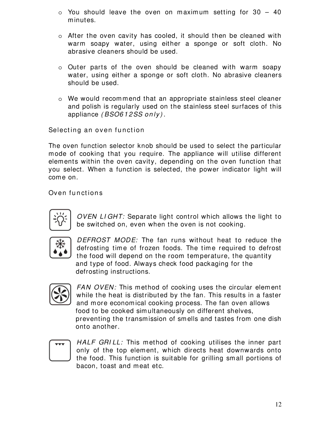 Baumatic BSO612BL manual Selecting an oven function, Oven functions 