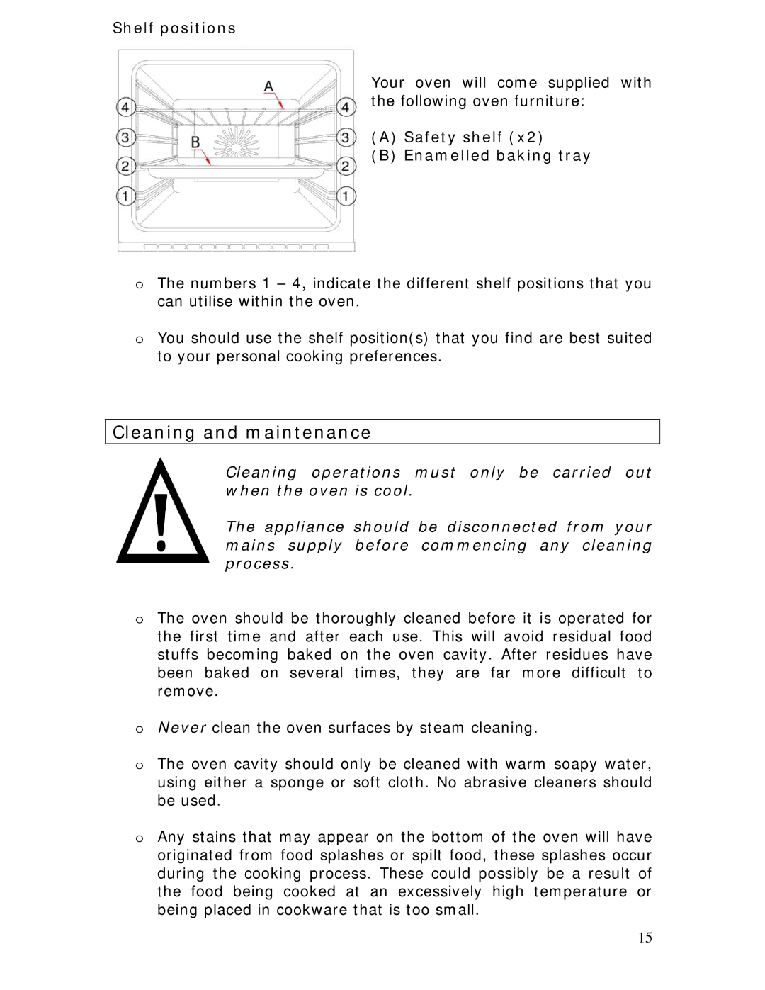 Baumatic BSO612BL manual Cleaning and maintenance, Shelf positions, Safety shelf Enamelled baking tray 