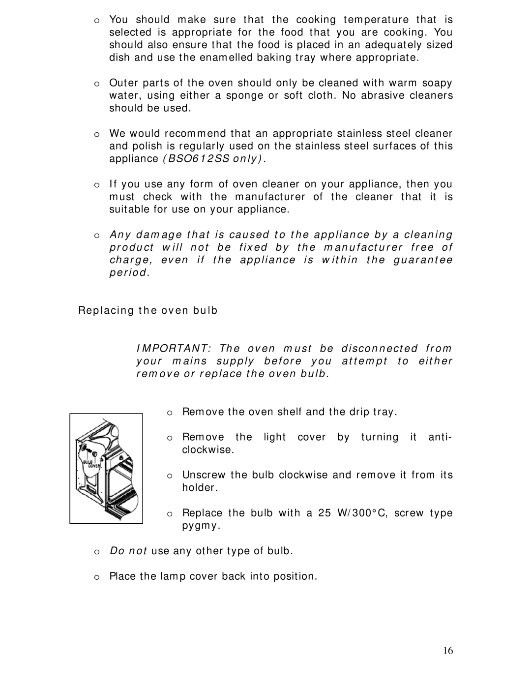 Baumatic BSO612BL manual Replacing the oven bulb 