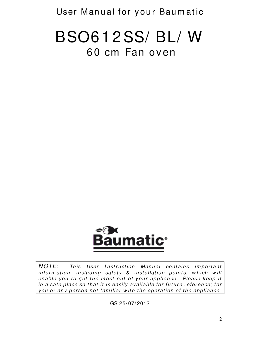 Baumatic BSO612BL manual BSO612SS/BL/W 