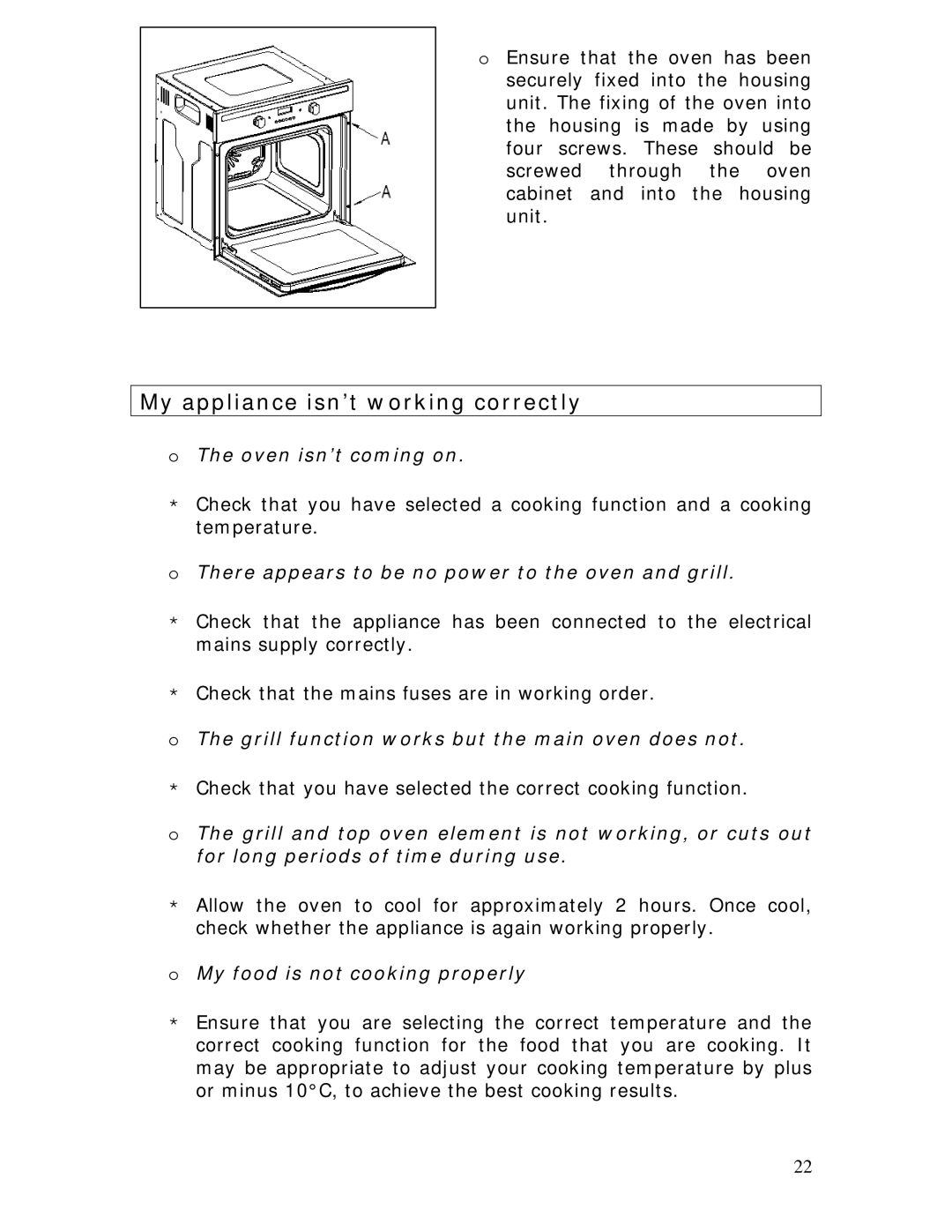 Baumatic BSO612BL manual My appliance isn’t working correctly, There appears to be no power to the oven and grill 