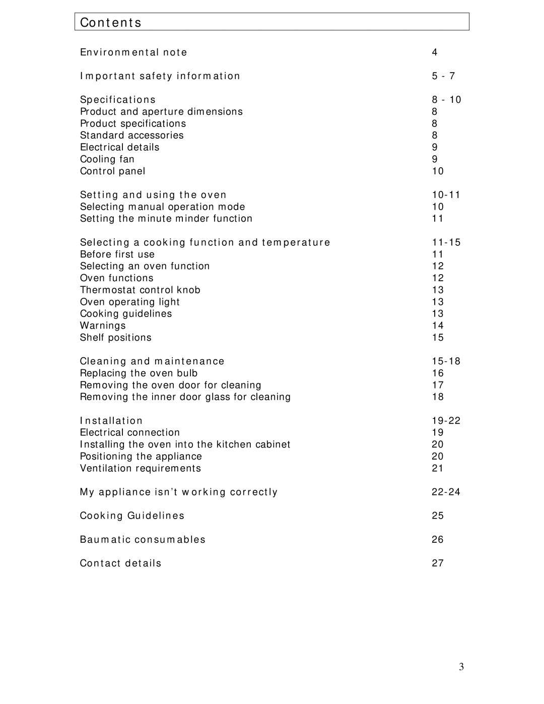 Baumatic BSO612BL manual Contents 