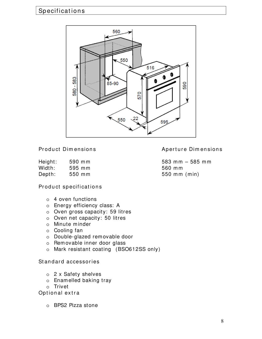 Baumatic BSO612BL Specifications, Product Dimensions Aperture Dimensions, Product specifications, Standard accessories 