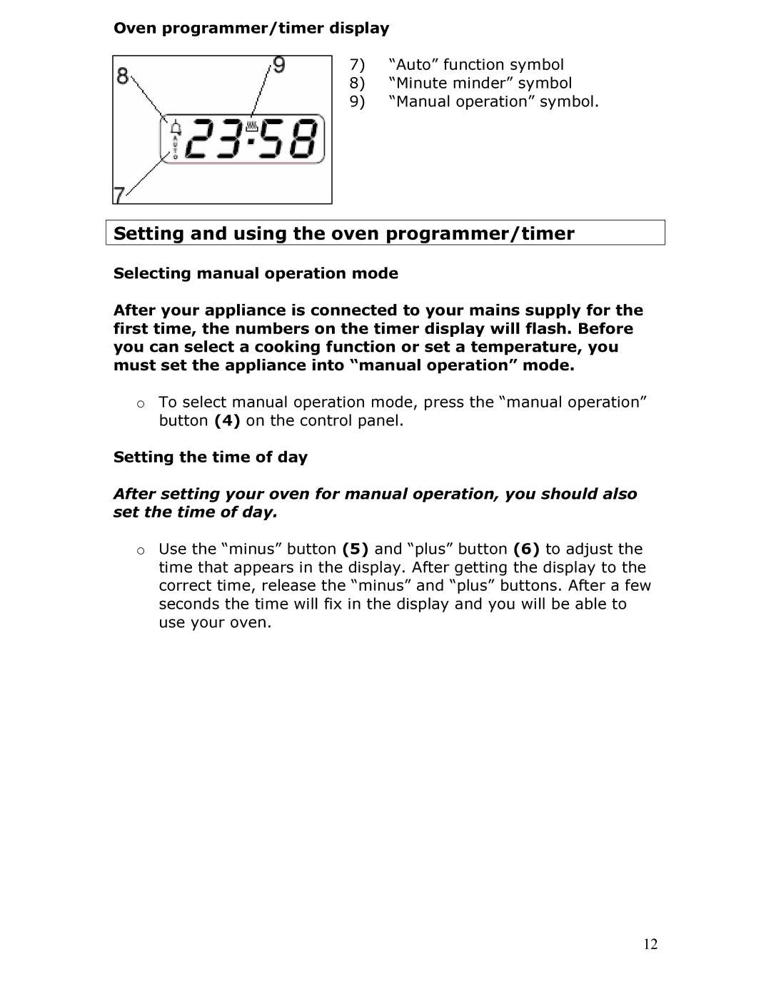 Baumatic BT2760SS Setting and using the oven programmer/timer, Oven programmer/timer display, Setting the time of day 