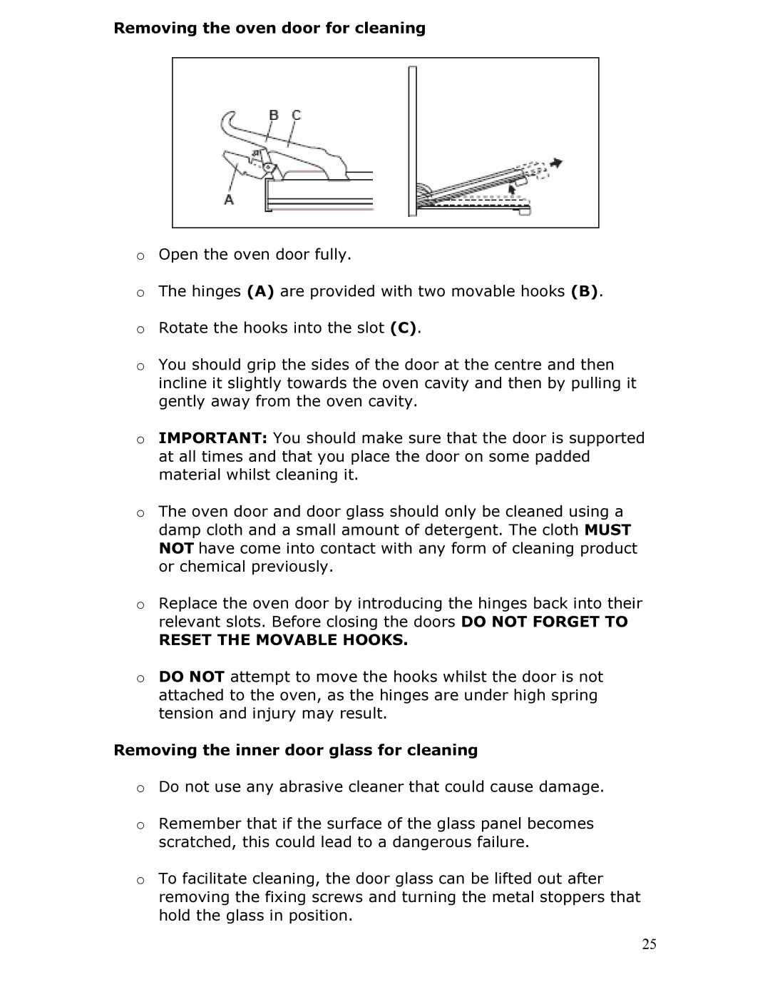 Baumatic BT2760SS manual Removing the oven door for cleaning, Removing the inner door glass for cleaning 