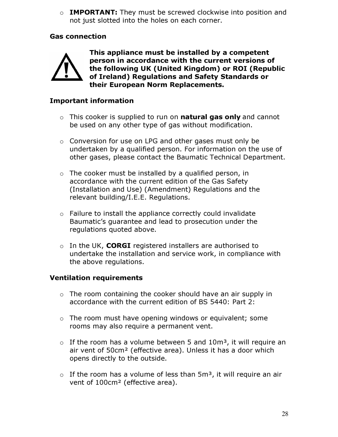 Baumatic BT2760SS manual Ventilation requirements 