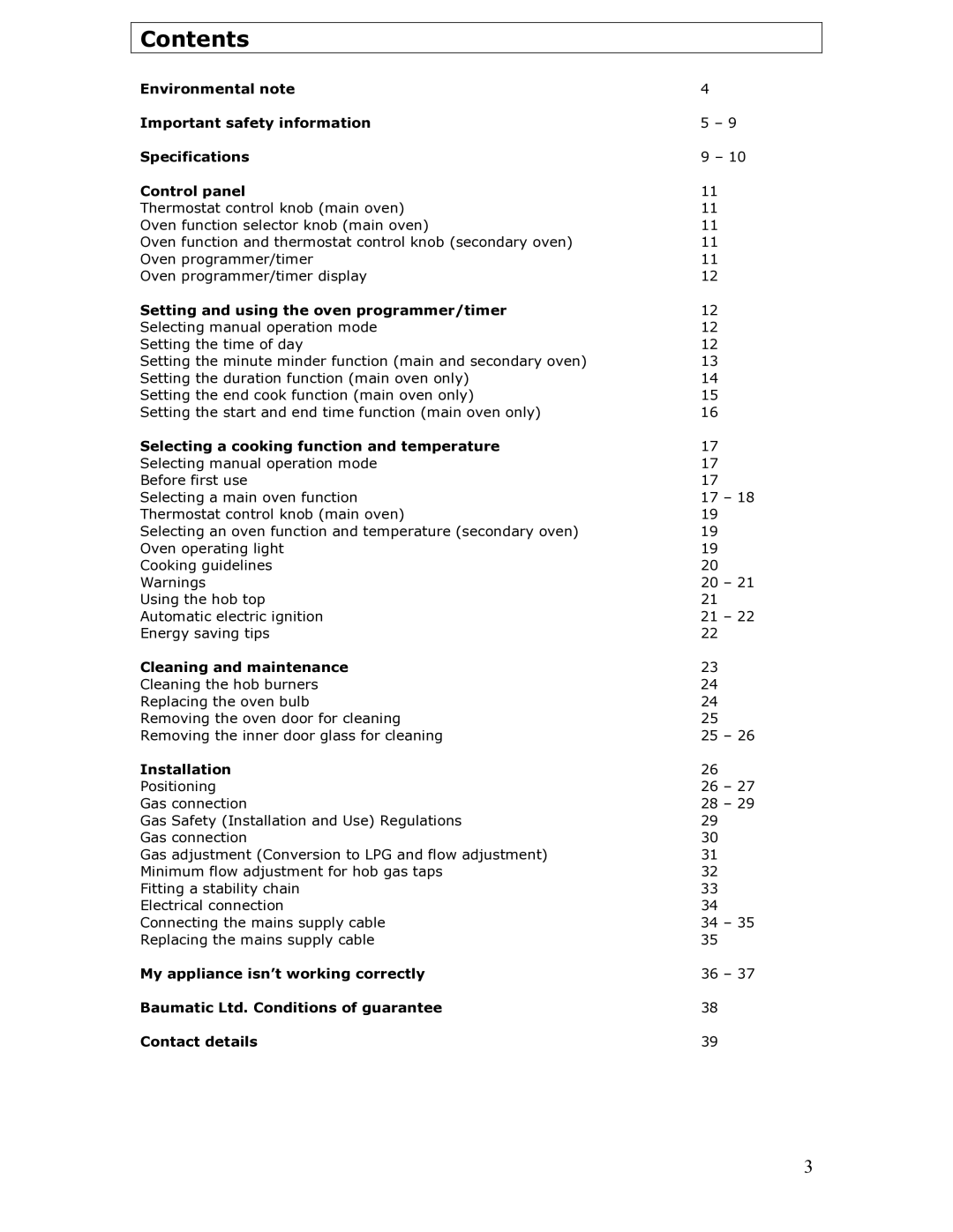 Baumatic BT2760SS manual Contents 