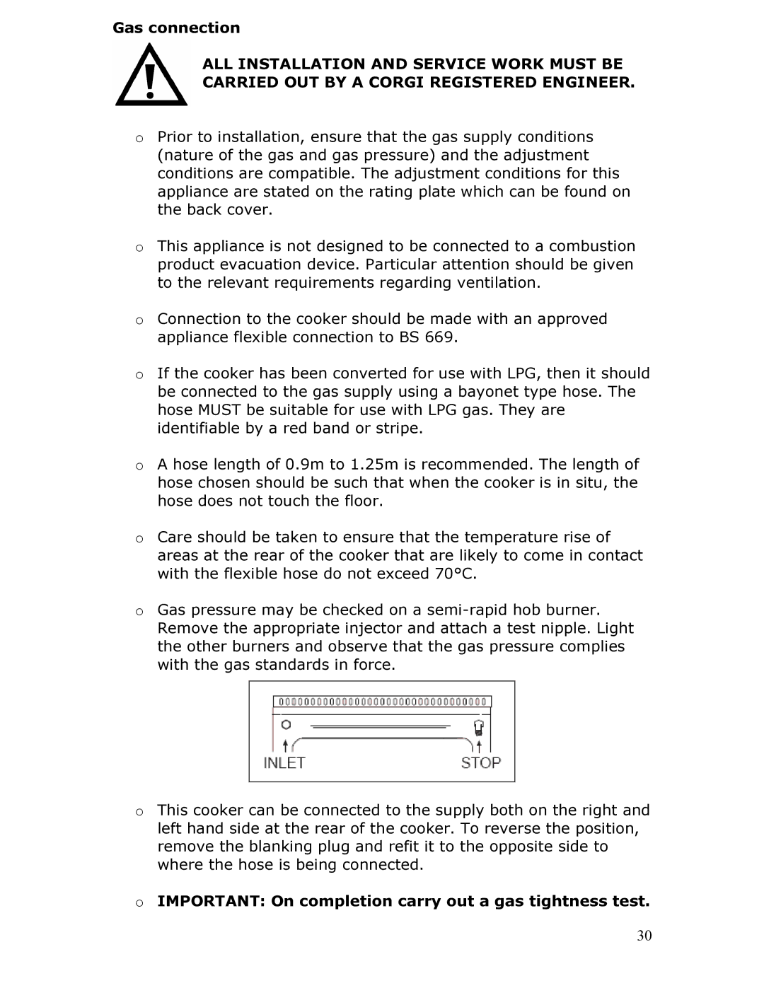 Baumatic BT2760SS manual Gas connection, Important On completion carry out a gas tightness test 