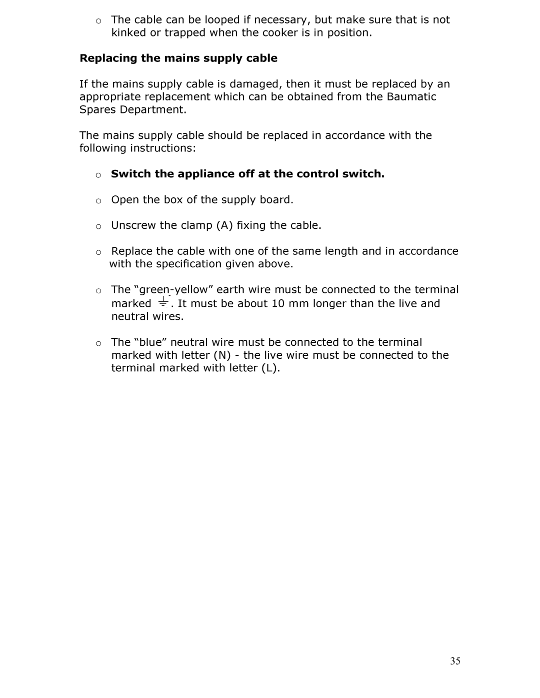 Baumatic BT2760SS manual Replacing the mains supply cable, Switch the appliance off at the control switch 