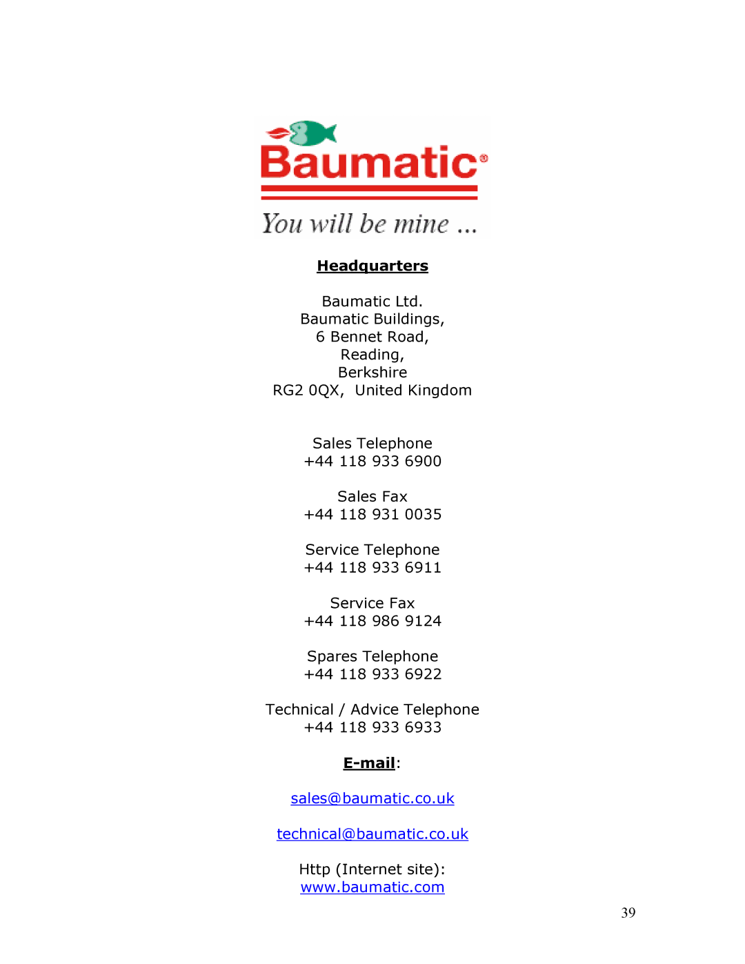 Baumatic BT2760SS manual Headquarters, Mail 