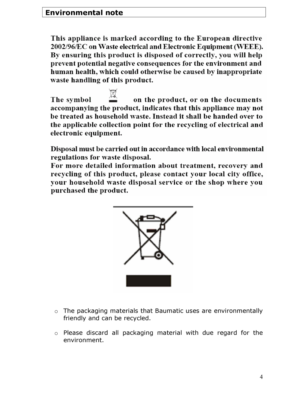 Baumatic BT2760SS manual Environmental note 