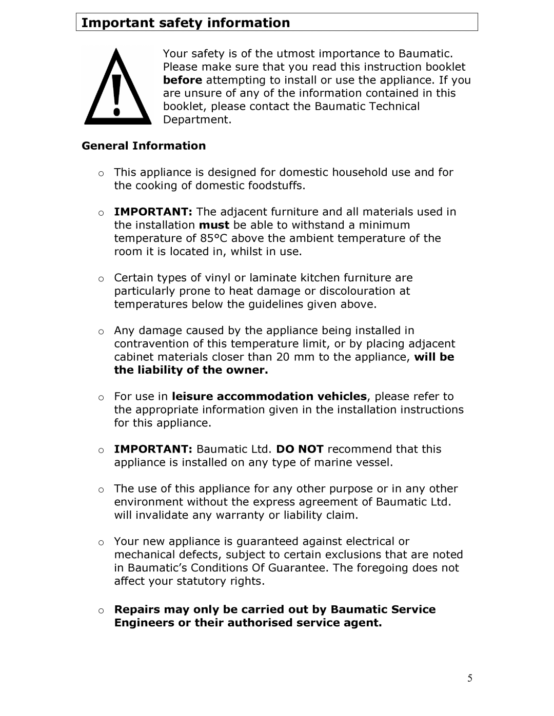 Baumatic BT2760SS manual Important safety information, General Information 