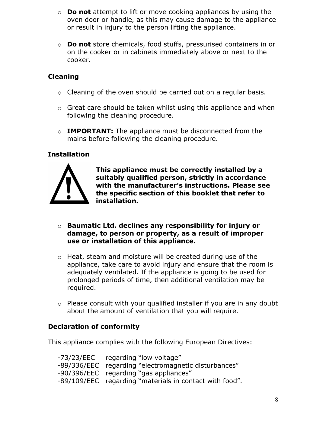 Baumatic BT2760SS manual Cleaning, Declaration of conformity 